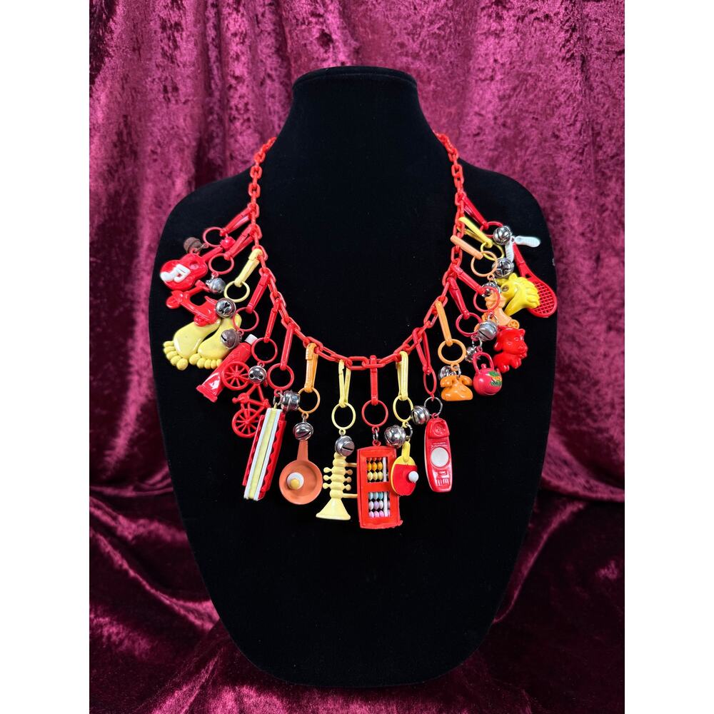 Vintage 1980s Plastic Chain Charm Necklace - 17 Bell Charms - Red Orange Yellow